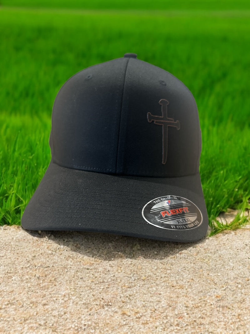 Jesus 3 Nail Cross Leatherette Badge Black Hat Option with FREE 4" 3 Nail Cross Decal in Black