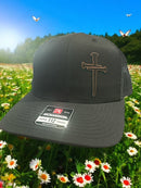Jesus 3 Nail Cross Leatherette Badge Black Hat Option with FREE 4" 3 Nail Cross Decal in Black