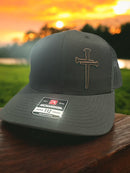 Jesus 3 Nail Cross Leatherette Badge Black Hat Option with FREE 4" 3 Nail Cross Decal in Black