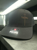 Jesus 3 Nail Cross Leatherette Badge Black Hat Option with FREE 4" 3 Nail Cross Decal in Black