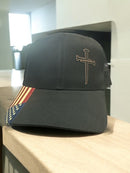 Jesus 3 Nail Cross Leatherette Badge Black Hat Option with FREE 4" 3 Nail Cross Decal in Black