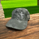 Jesus 3 Nail Cross TAC600 Hat with side USA Flag Patch and FREE 4" 3 Nail Cross Decal in Black