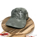 Jesus 3 Nail Cross TAC600 Hat with side USA Flag Patch and FREE 4" 3 Nail Cross Decal in Black