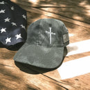 Jesus 3 Nail Cross TAC600 Hat with side USA Flag Patch and FREE 4" 3 Nail Cross Decal in Black