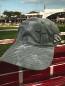 Jesus 3 Nail Cross TAC600 Hat with side USA Flag Patch and FREE 4" 3 Nail Cross Decal in Black