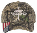 Christian Hats for Men or Women Redeemed 3 Nail Cross Adjustable Embroidered Hat with USA Flag Brim Machine Washable Dads Supporting Dads Message