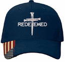 Christian Hats for Men or Women Redeemed 3 Nail Cross Adjustable Embroidered Hat with USA Flag Brim Machine Washable Dads Supporting Dads Message